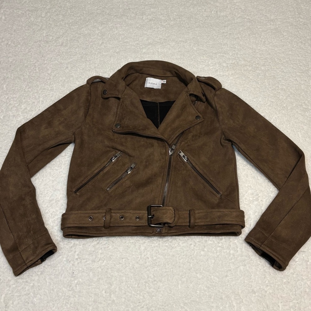 Lush Women Brown Suede Zipper Moto Jacket with Belt